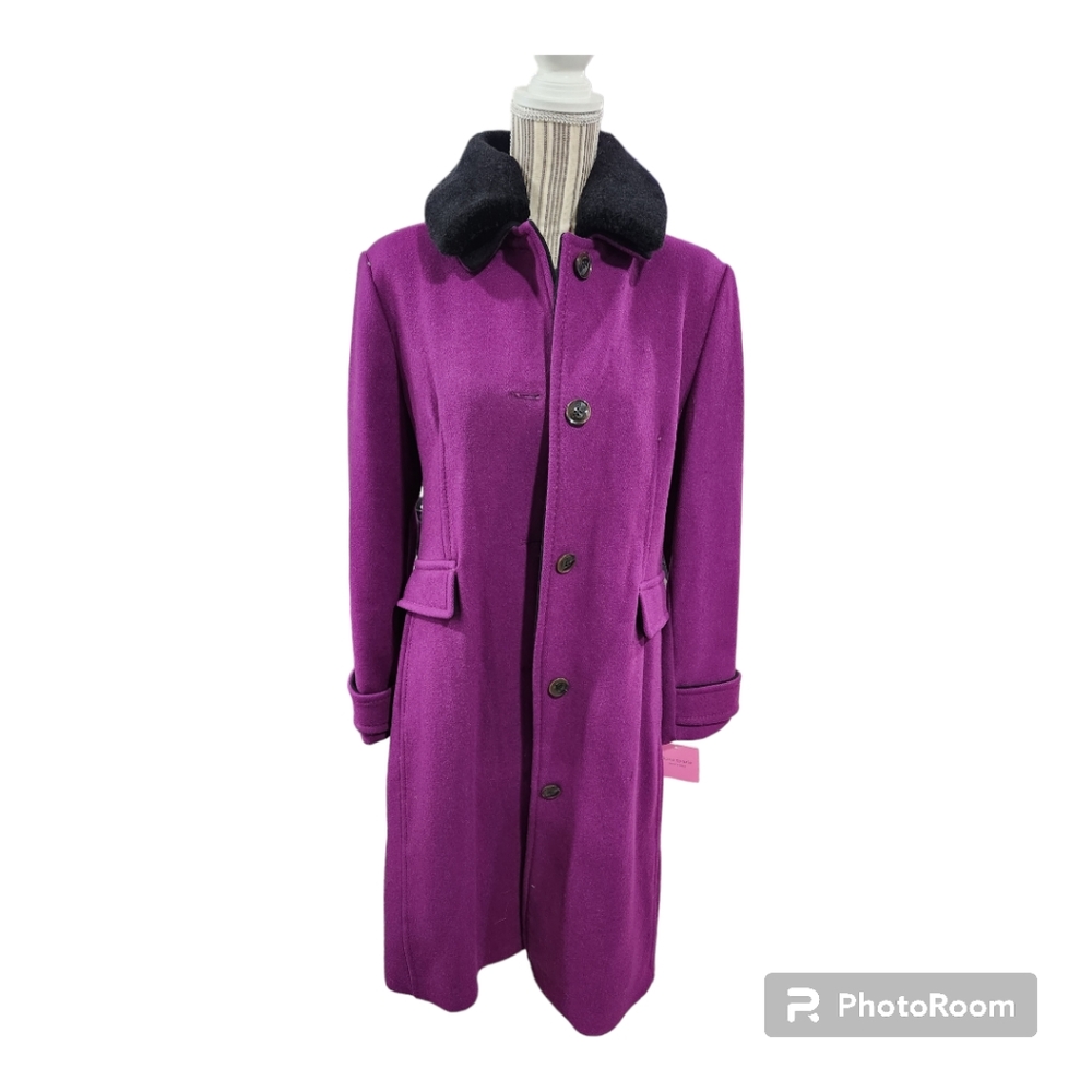 Kate Spade ● Bright Violet Sherpa-Collar Belted Wool-Blend Peacoat - Picture 2 of 9